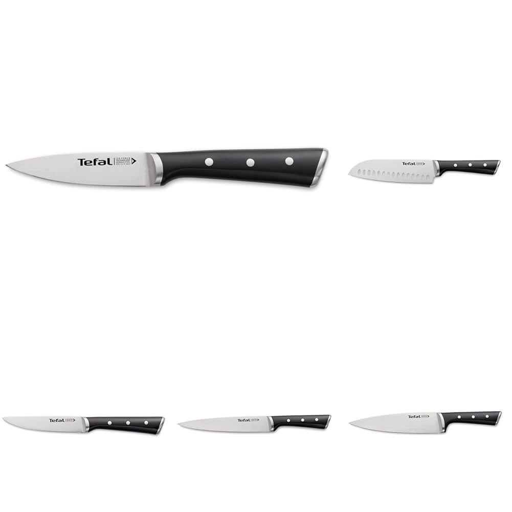 Tefal Set de 5 couteaux Ice Force ; Lame en acier inoxydable allemand, Coupe performante, Tranchant longue durée, Garantie 10 ans. Couteau à éplucher 9 cm, Couteau Santoku 18,5 cm, Couteau de chef 20