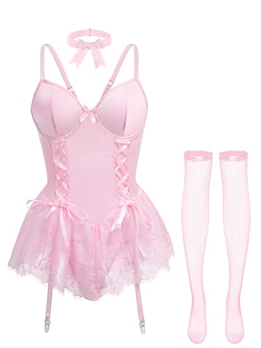 Foxiny Women's Underwire Bustier Lingerie Set Pink 2X-Large