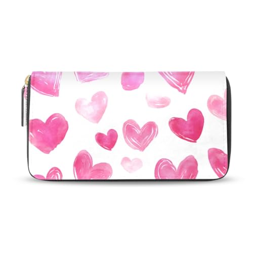 Long Wallets Leather Bifold Wallet for Women Pink Heart-shaped with Zipper Credit Card Holder Large Capacity