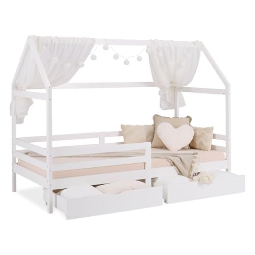 Homestyle4u Bodenbett Kinderbett 90x200 mit Rausfallschutz Stauraum Lattenrost Weiß, Massivholz Kiefer, Montessori Hausbett mit 2 Schubladen Kinderzimmer | Artikel 2522