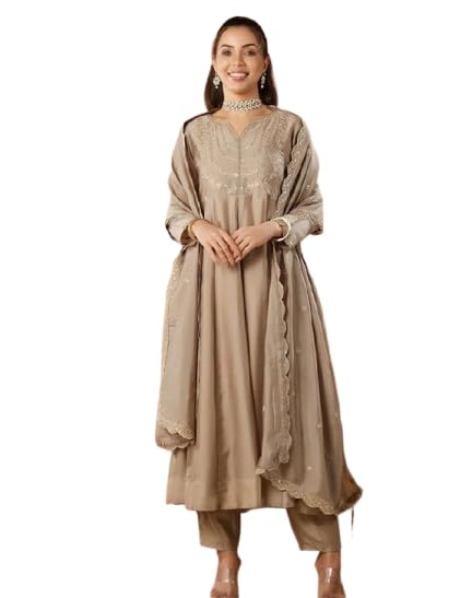 Women’s Beige Cotton Embroidered Kurta Set with Palazzo Pants, Traditional Indian Ethnic Wear, Full Sleeves, Casual Wear