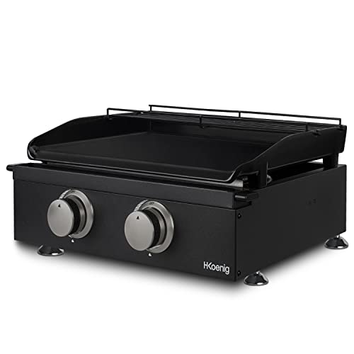 H.Koenig Plancha PLX1022 Gasbrenner, 2 U-Brenner, Edelstahl, Kochplatte aus emailliertem Gusseisen, Stromversorgung für Propan- oder Butangas, gleichmäßige Wärmeverteilung, einstellbare Temperatur bis