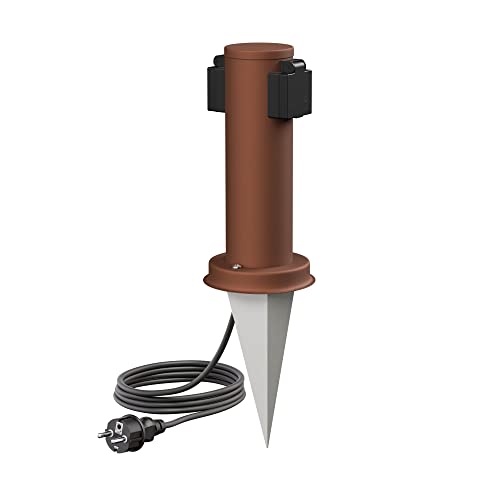 ledscom.de Columna de Toma de Corriente para jardín PORU con Pica de Tierra y 2m de Cable para Exterior, 2 Veces, Acero Inoxidable, marrón, Redonda, 27cm