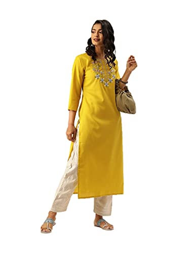Túnica kurtis india para mujer, diseño étnico, algodón, acampanada, manga 3/4, Kurta, Amarillo y rosa, Large