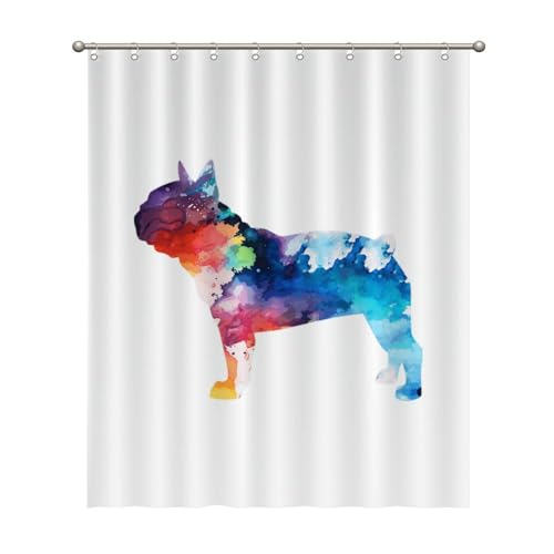 DreamAutumn Cortinas de ducha de 152 x 183 cm, diseño de bulldog francés, cortinas de ducha de tinta colorida para baño, poliéster, impermeables, lavables a máquina, decoración del hogar