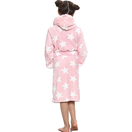 Girls Fleece Luxury Sherpa Hooded Dressing Gown Stars Pink Bathrobe Super Soft Robe Gift for Girls Age 7-13 Years2