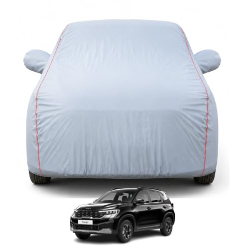 Image of Kia Sonet 2020-2026 Models 100% Waterproof Car Cover for All Weather Protection Mirror & Inner Cotton Triple Stitched Cover, Adjustable Belt Bottom Elastic to Secure Fit (Dark Grey)