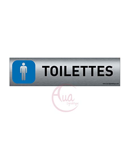 AUA SIGNALETIQUE - Plaque de porte Aluminium brossé imprimé AluSign - 200x50 mm - Double Face adhésif au dos - Impression UV directement sur l'aluminium (Pas de contre collage) (Toilettes Homme)