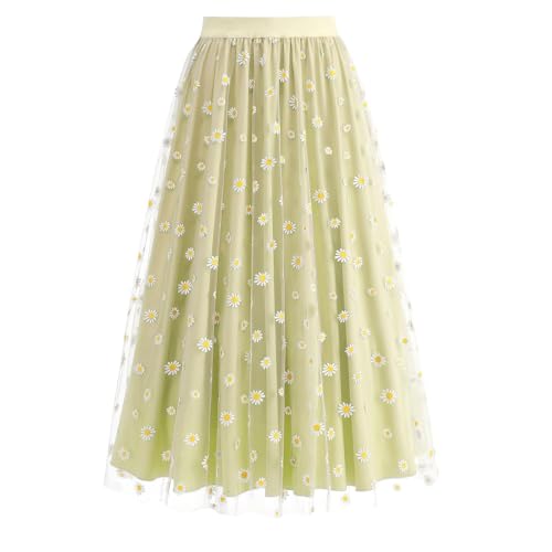 Womens Midi Tulle Skirt Daisy Embroidery Floral Layered Elastic High Waist Tutu Skirt Mesh A Line Fairy Skirts
