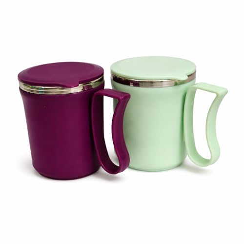 Image of Insulated Stainless Steel Coffee Mug with Lid, 300ml, Double Wall, Reusable Travel Mug for Home & Office (Purple - Pastel Green)