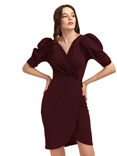Image of Sheetal Associates Women's Puff Sleeve V-Neck Bodycon Casual Mini Dress