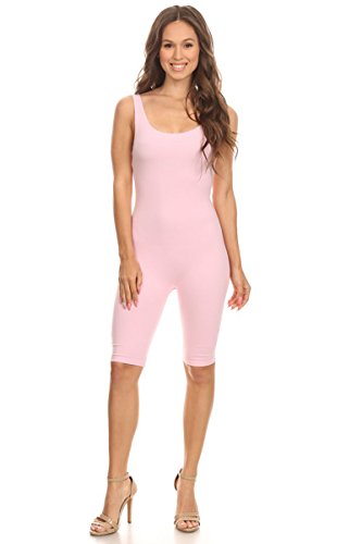 Women Sleeveless Stretch Skinny Solid Knee Length Sport Unitard Bodysuits Active (X-Large, LightPink)