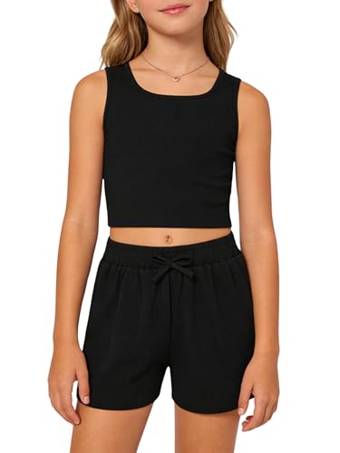 Image of Cakaner Tween Girls 2 Piece Outfit Set Summer Tank Top and Elastic Waist Shorts with Belt Size 7-14