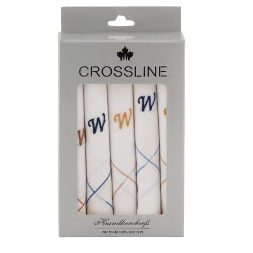 Image of CROSSLINE Men's Initial Monogram (A-Z) Embroidery 100% Pure Cotton Handkerchief | White Base With Colored Border | Handkerchiefs For Men Cotton Soft - (Pack of 5)