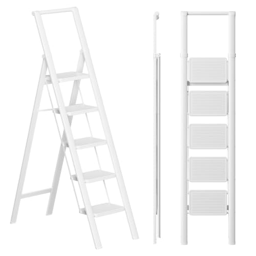 Image of SOLADDER 5 Step Ladder, Folding Step Stool, Lightweight Stepladder, White
