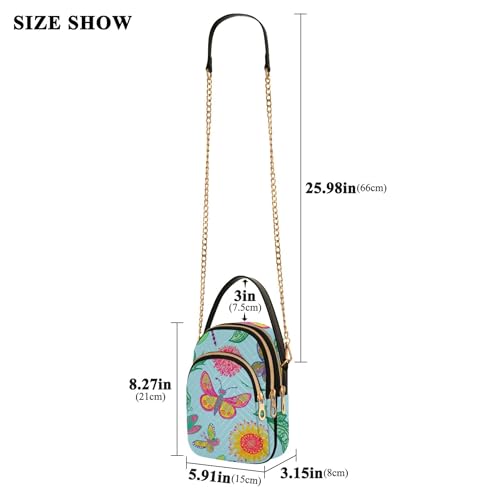 Cute Vintage Butterflies Blue Single Shoulder Handbag Women Cell Phone Wallet Chain Purse Floral Print Ladies Tote Crossbody Satchel, 5.9" × 8.3" × 3.1"3