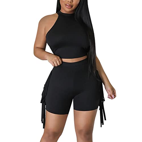 QJDFLL - QJDFLL Frauen Modische Sexy Rundhals Ärmellose Fransen Einfarbig Casual Shorts Zwei Stück Set(Schwarz,XL)