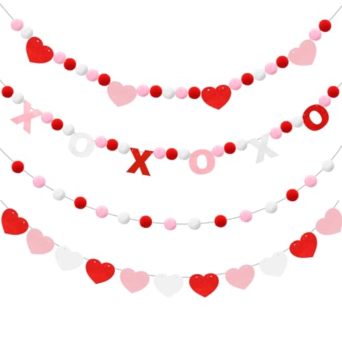 Image of 4 Pcs Valentine's Day Heart Felt Banner Pink XOXO Felt Banner Valentines White Pom Pom Ball Garland Valentine's Day Heart Pompom Hanging Banner Hanging Garland for Home Party Favors