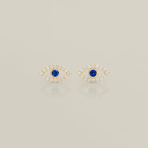 14k Real Solid Gold Evil Eye Sapphire Stud Earrings – Diamond Cz Screw-back Earrings for Upper Earlobe, Cartilage, Helix, Tragus – Perfect for Minimalist Design - Sold as a Pair3
