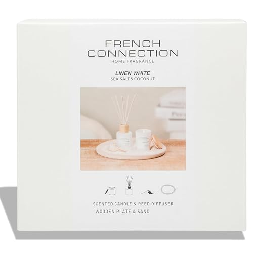 French Connection Linen White Home Fragrance Gift Set | Scented Candle & Reed Diffuser with Wooden Plate & Sand | Luxury Aromatherapy Set | Coastal Sea Salt & Coconut (Small) - Image 6