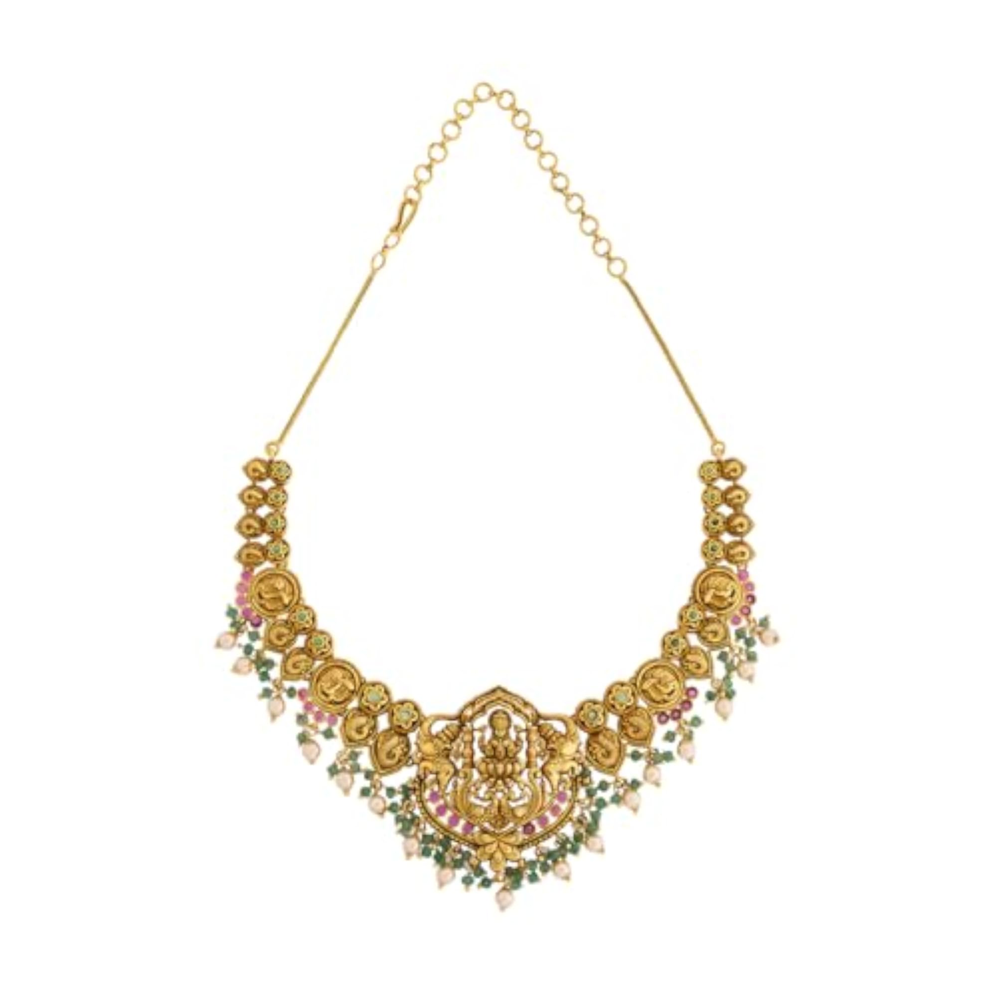Ruby-Green Gold Plated Antique Necklace Set with Jhumka Earrings