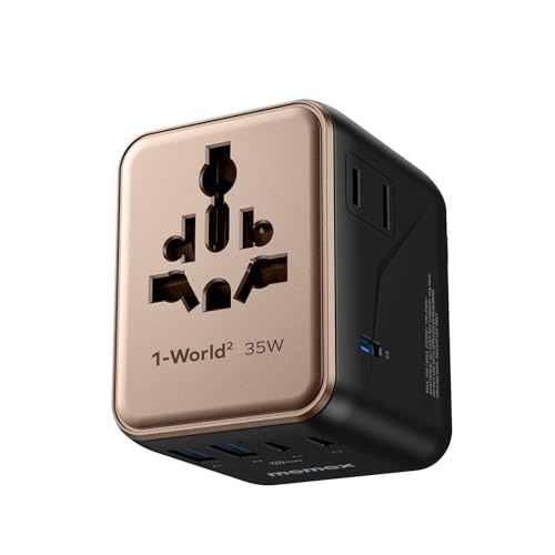 MOMAX Adaptador de viaje GaN de 35 W - Adaptador de viaje mundial con 3USB-C 2USB-A - Adaptador de enchufe internacional - Carga simultánea de 6 dispositivos - Para Estados Unidos, Reino Unido