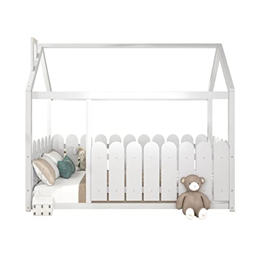 Bufccy Kinderbett Holzbettgestell Hausform Massivholz Spielbett 80x160 cm Weiß Cover