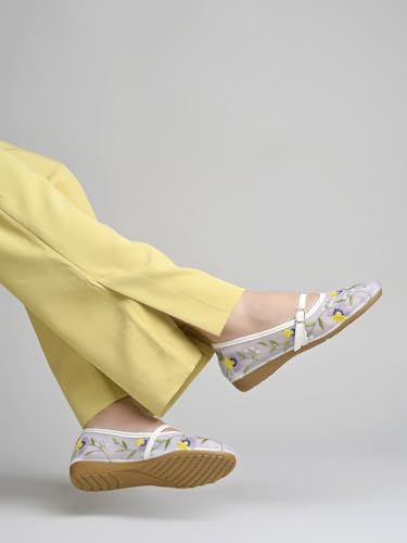 Image of Shoetopia Women'sFloral Embroidered Mary Jane Flats - Elegant Mesh Ballerinas with Adjustable Buckle Strap