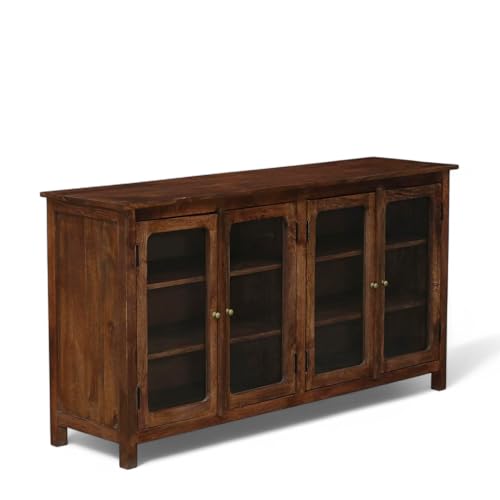 Image of Solid Wood Madrid 4-Door Glass Sideboard Cabinet | Crockery | Kitchen Cabinet | Finish - Scratch Resistant Tubaq