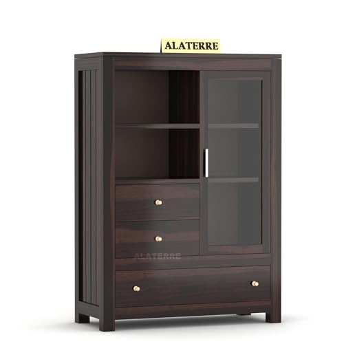 Image of Wood Book Shelf with Glass Door with Storage | Wooden Book Shelf for Home Library with Drawer | Home Office Living Room, Kitchen Crockery Storage Cabinet | Walnut Finish