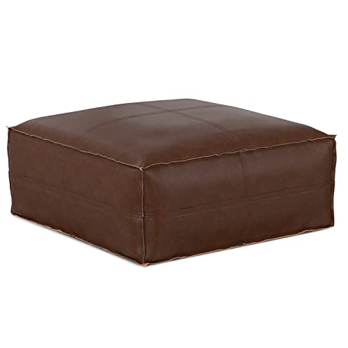 SIMPLIHOME Brody Large Square Coffee Table Pouf - 30 inch Wide Upholstered Vegan Leather Ottoman in Distressed Dark Brown, Boho Footstool, Coffee Table or Extra Seating for Living Room, Assembled