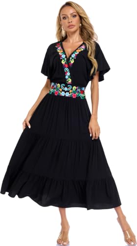 Image of Women's Summer Maxi Dress Casual Floral Embroidered Round Neck Short Sleeve Ruffle Tiered Dress Flowy Boho Beach Sundress