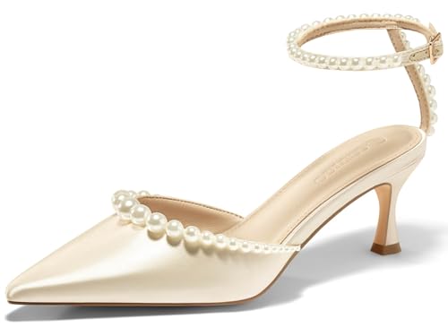 Image of Coutgo Womens Pearl Kitten Heels Closed Pointed Toe Wedding Bride Dress Shoes Ankle Strap Satin Pumps