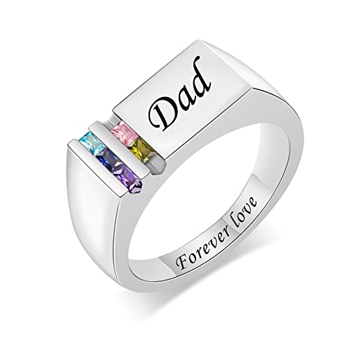 Bauma Auto Personalized Birthstone Ring For Dad Customized Mens Engraving Family Ring 925 Sterling Silver Fathers Day Jewelry Gift For Husband Papa (5 Stones) #TOP25