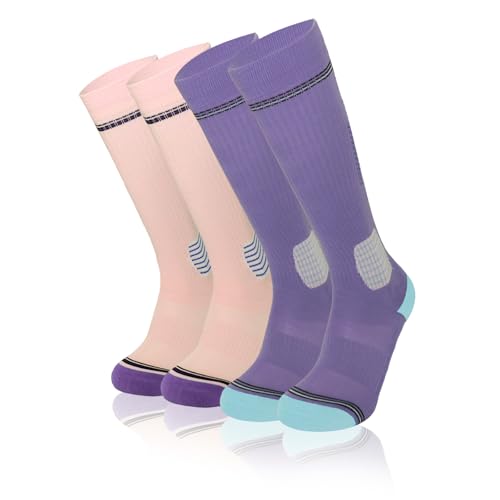 VUIDQS Women's Hiking Crew Socks - Enhanced Comfort Arch Support, Thick Cushioned Sole, Breathable & Moisture-Wicking, 2-Pack (US, Numeric, 9, 12, Regular, Regular, Deep Blue - Beige)