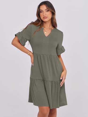 Image of ANRABESS Women's Summer Casual Dress, V-Neck Ruffle Sleeve Tiered Mini Dress, Soft Comfy Fabric with Pockets for All-Day Wear