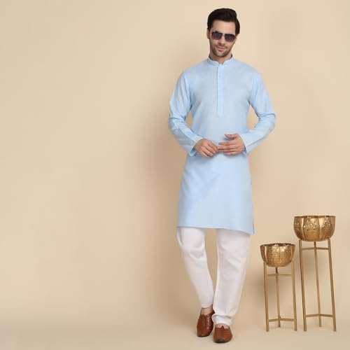 Image of KRAFT INDIA Men's Cotton Solid Kurta With Drawstring Pyjama Set