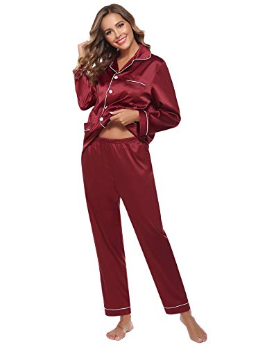 Aibrou Women's Satin Pajamas Set Long Sleeve and Long Button-Down Sleepwear Loungewear Red