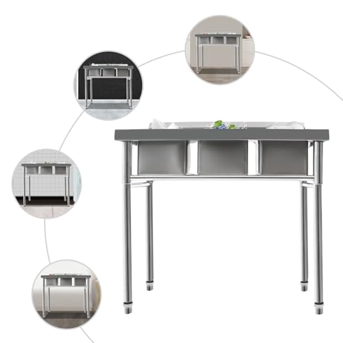 Florchest Standing Three Bowl Kitchen Sink Set, 3 Compartment Commercial Kitchen Sink Stainless Steel/Garage Prep & Utility Sink for Restaurants Kitchen, Laundry Room,Outdoor