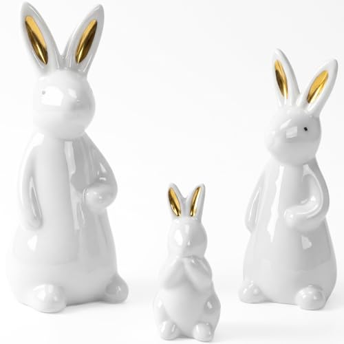 Figurines decorativas de conejos cerámicos blancos x3 miniatura 4