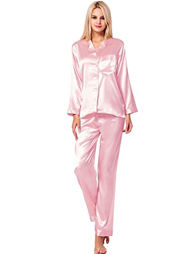 Image of SWOMOG Long Sleeve Pajamas Set Silk Satin Sleepwear Button Down Pjs Loungewear with Pocket