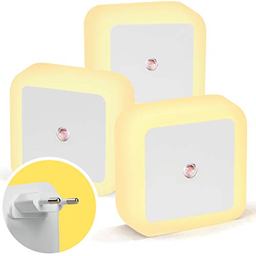 Luz de Noche LED, 7 Star Enchufe de Luz Nocturna con Sensor Inteligente Encendido/Apagado Automático en Pared, 3 Piezas Lampara de Noche de la UE para Dormitorio, Pasillo, Escaleras