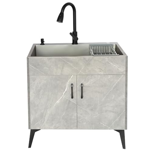 Mueble Fregadero de Acero Inoxidable,Fregadero Cocina 1 Seno,Fregadero Exterior Jardin,Lavabo de Baño,con Grifo Extraíble y Componentes de Drenaje,Lavadero pila Exterior,para Comercial,Restaurante(Gra