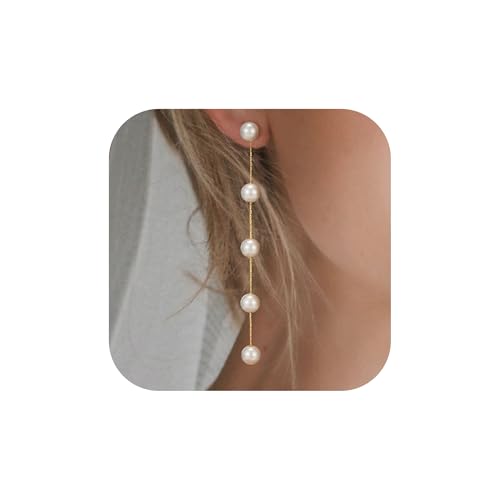 SWEETV 14K Gold Plated Long Pearl Drop Dangle Earrings for Women, Tassel Chain Baroque Pearl Wedding Bridal Earrings for Brides Bridesmaids, Prom Jewelry Gifts