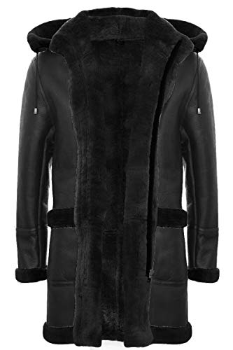 Men's Warm Winter Long Real Sheepskin Leather Ginger Brown Hooded Duffle Coat3