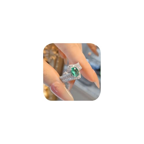 Simulated Paraiba Tourmaline Halo Ring for Women Sterling Silver Art Deco Ring Cubic Zirconia Oval Stone Emerald CZ Statement Wedding Engagement Promise Rings Comfort Fit Open Adjustable