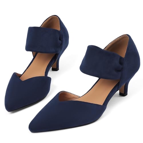 Image of Pointed Toe Low Kitten Heels Women Ankle Strap Slip on Pumps | Closed Toe, 2.2 Inch short heels,Synthetic Upper /Suede,Bridal Dress Shoes - 8 Colors, Wedding, Party and Formal Events