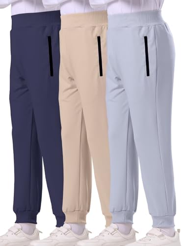 BINPAW 3 Pack Boys Pull On Sweatpants Active Jogger Pants with Zipper Pocket Athletic Pants for Kids, Gray/Blue/Khaki, 13-14 Years = Tag 160