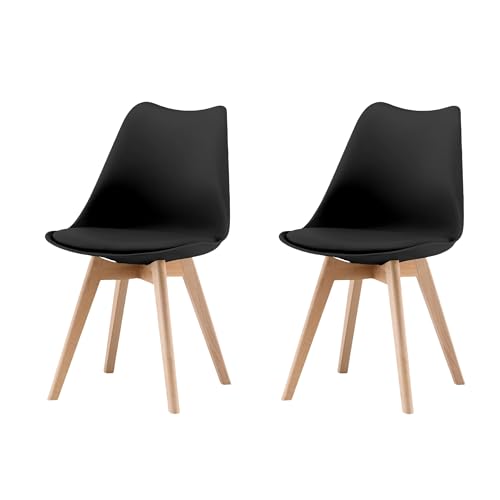 Garvishk Garvis Esszimmerstühle 2er Set mit Massivholz Beinen Sitzpolster aus Kunstleder Gepolsterter Stuhl Küchenstuhl Holz für Schlafzimmer, Wohnzimmer (Schwarz)