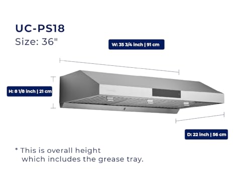 Image of Hauslane Range Hood Under Cabinet 36 Inch - Ducted Stainless Steel Range Hood, 6 Speed Kitchen Vent Hood 36 Inches, Stove Vent Hood for Kitchen with Auto Shut-off, LED, Touch Panel - Chef Series PS18